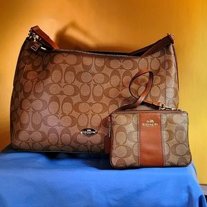 Coach  tan and brown shoulder bag with matching coin purse